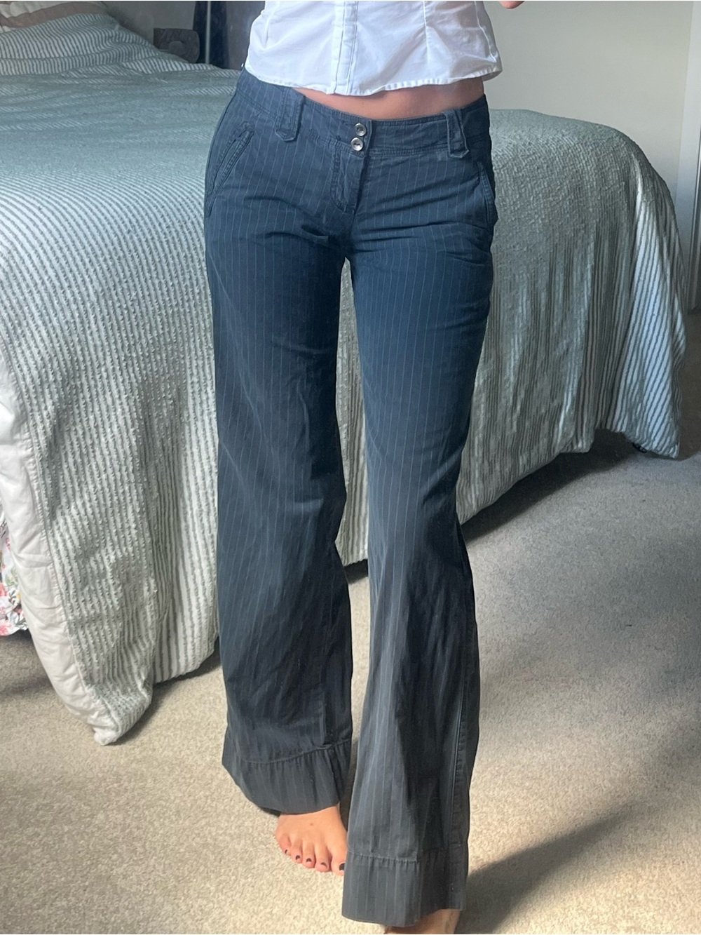 American Eagle Outfitters Navy Pinstripe Wide-Leg Jeans